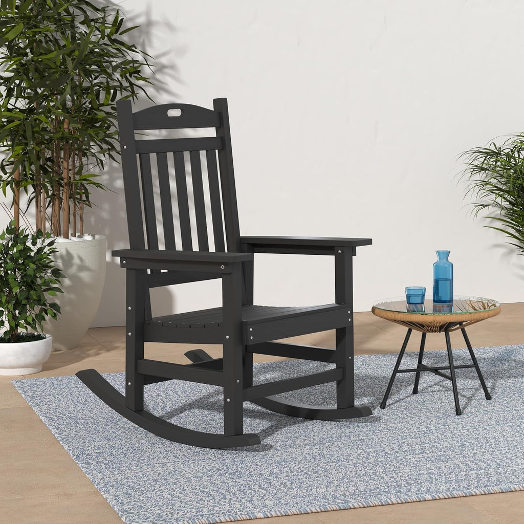 YEFU Outdoor Rocking Chair Porch: Outdoor Patio Rocking Chairs-Oversized Rocker Chair-All Weather Poly Rocker Lawn Chairs for Adult-Seat Area 22'x21'-Backrest Height 31'-380lbs Weight Capacity-Black