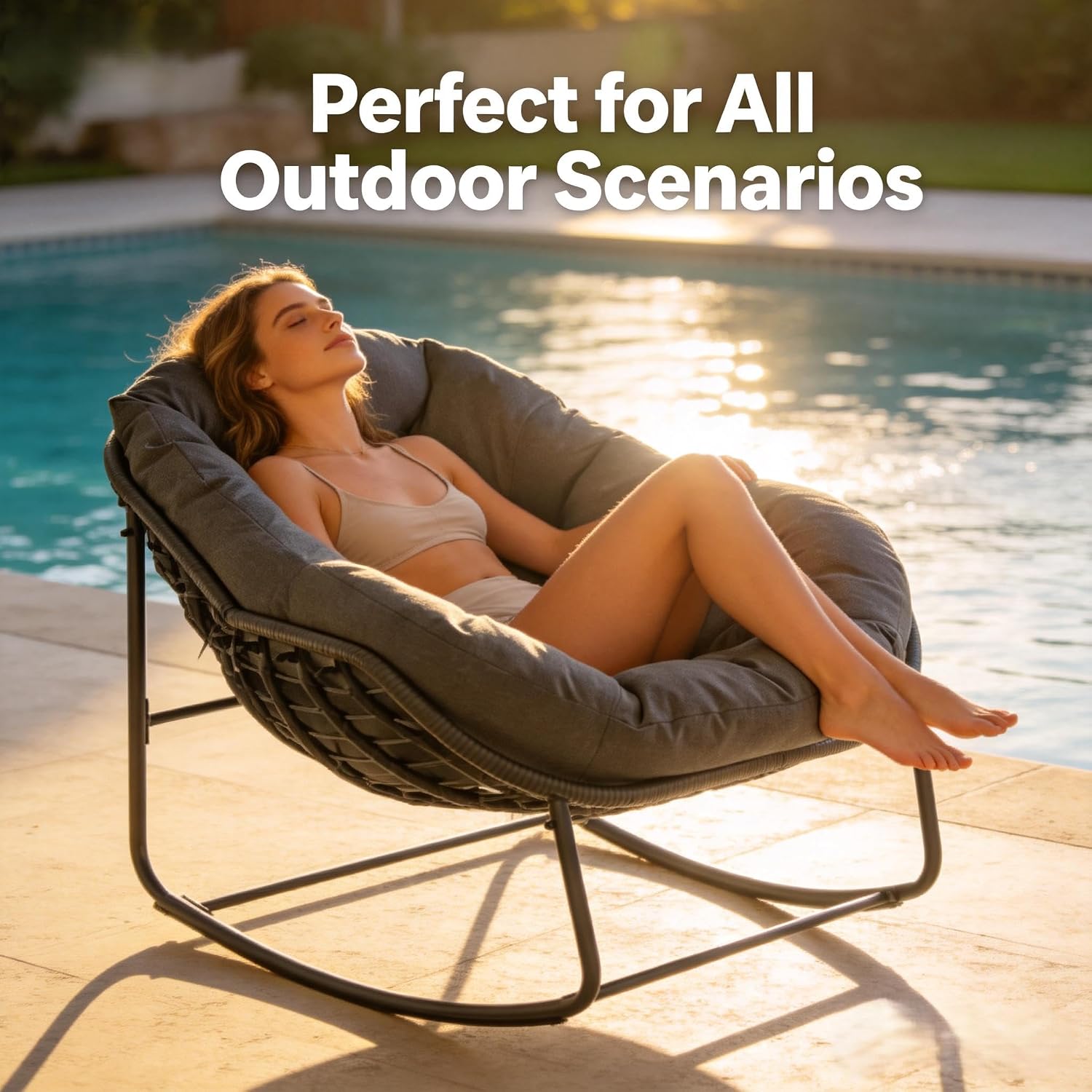 Oversized Outdoor Papasan Rocking Chair with Soft Cushion, Comfy Patio Egg Chair, Wicker Lounge Rocker for Balcony/Porch/Garden, Reinforced All Weather Rattan Frame, 330 lbs Support, Dark Grey