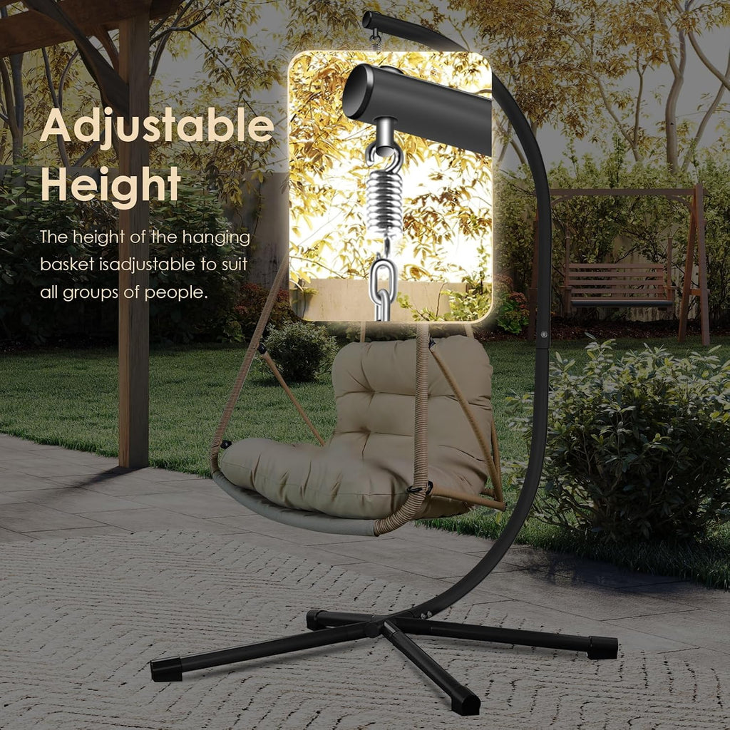 JESE Swing Egg Chair Foldable Frame Hanging Chairs, UV Resistant Waterproof Cushion and Cup Holder,Swing Hammock Chairs for Patio,Bedroom,Balcony, Garden-350lbs, Stand Included, Brown