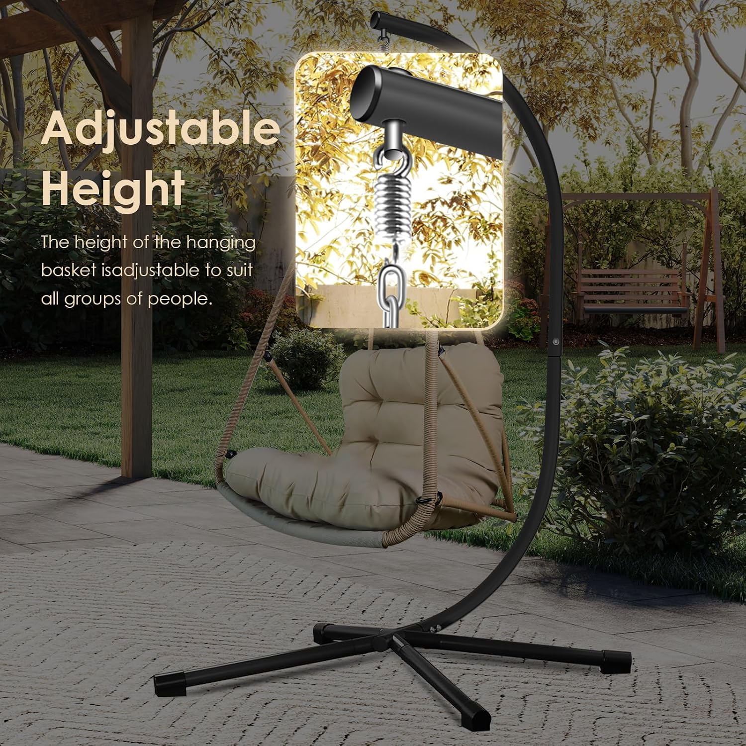 JESE Swing Egg Chair Foldable Frame Hanging Chairs, UV Resistant Waterproof Cushion and Cup Holder,Swing Hammock Chairs for Patio,Bedroom,Balcony, Garden-350lbs, Stand Included, Brown