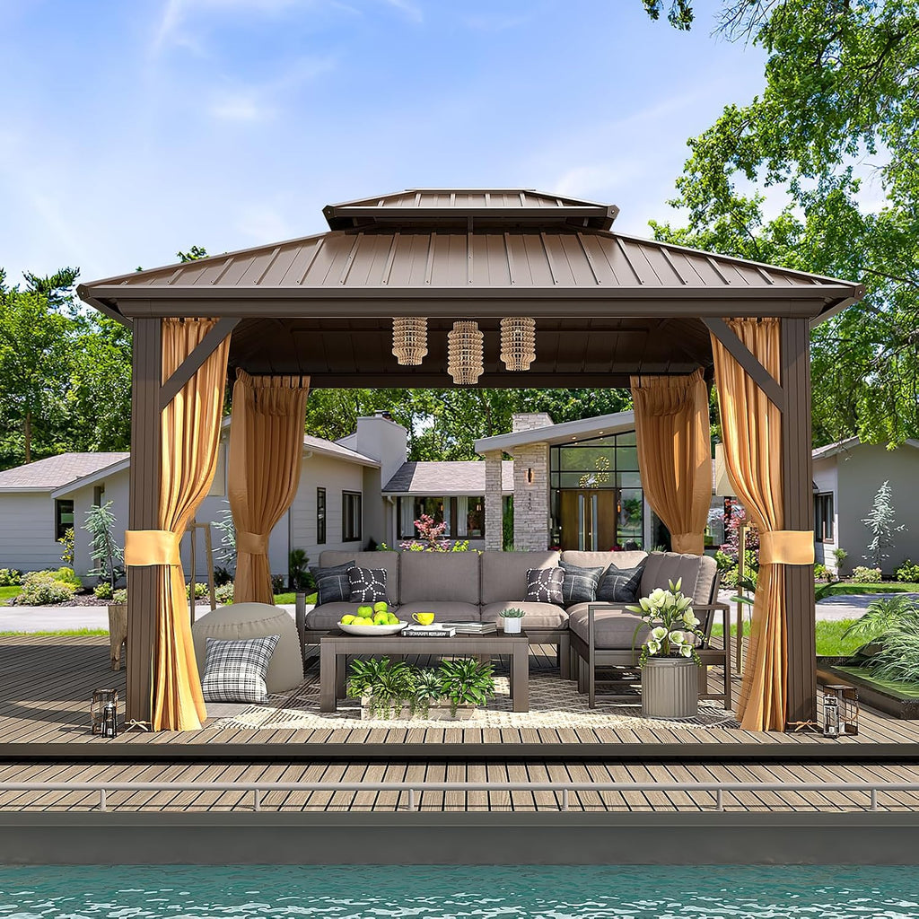 MELLCOM 10'x12' Hardtop Gazebo, Metal Double Roof Aluminum Gazebos with Curtain and Netting,Brown Permanent Galvanized Steel Pavilion for Patio, Lawn & Deck