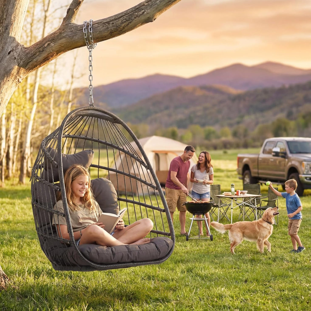 NICESOUL Egg Chair No Stand Outdoor Indoor, 350lbs Capacity Sturdy Patio Wicker Swing Hanging Chair, Hammock Egg Ceiling/Tree Chairs with Cushions for Bedroom Porch Deck Balcony, Gray Without Stand