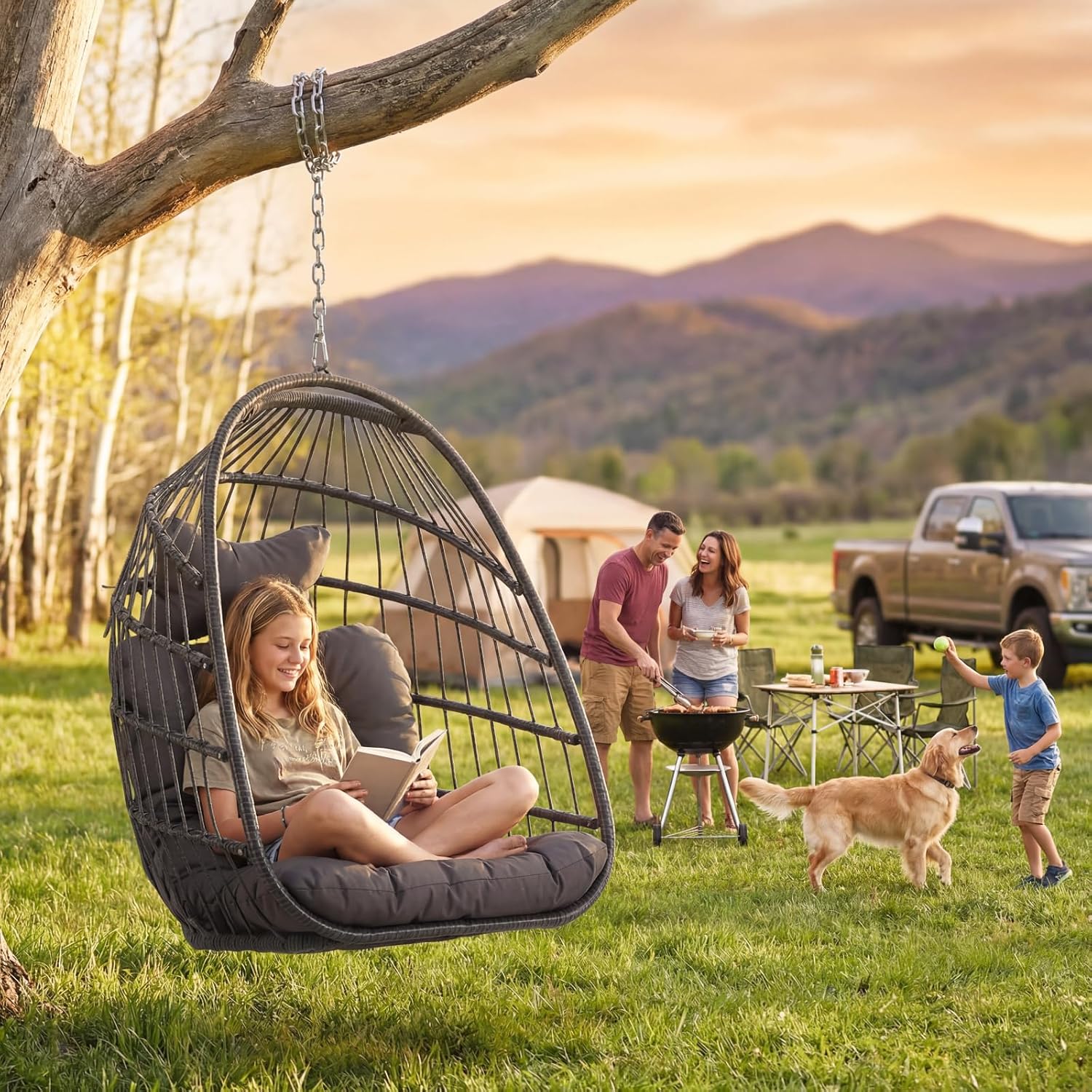 NICESOUL Egg Chair No Stand Outdoor Indoor, 350lbs Capacity Sturdy Patio Wicker Swing Hanging Chair, Hammock Egg Ceiling/Tree Chairs with Cushions for Bedroom Porch Deck Balcony, Gray Without Stand