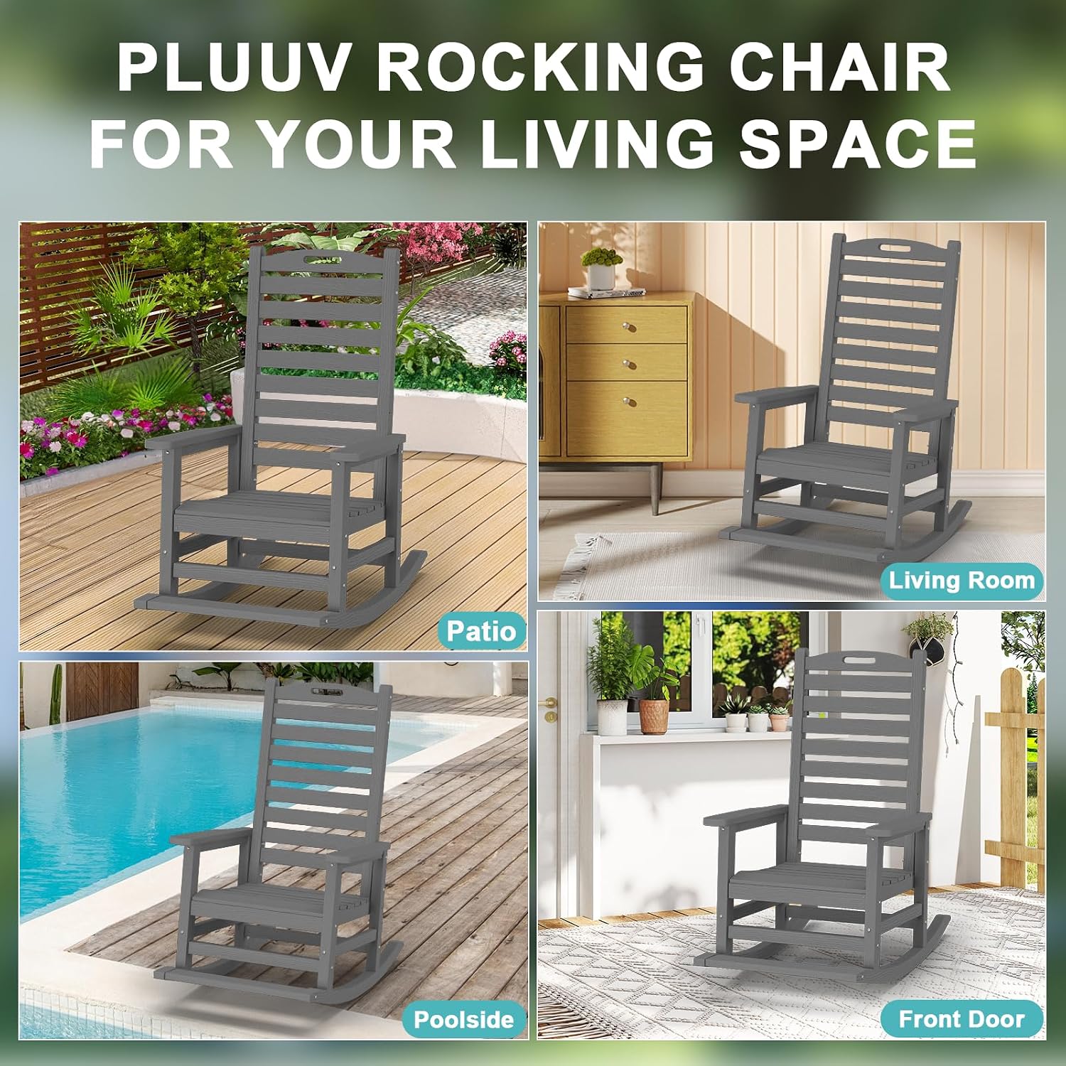 PLUUV Outdoor Rocking Chair Set of 2 with Removable Footboard for Adults, HDPE High Back Patio Rocking Chairs, 330lbs All Weather Porch Rocking Chairs for Outdoor & Indoor -Grey