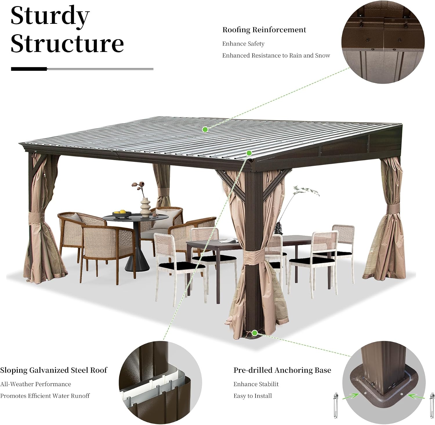 DOMI 12x14FT Lean to Gazebo, Outdoor Hardtop Wall Mounted Gazebo with Sloping Galvanized Steel Roof, Durable Aluminum Frame, Netting Curtain for Deck, Porch, Backyard
