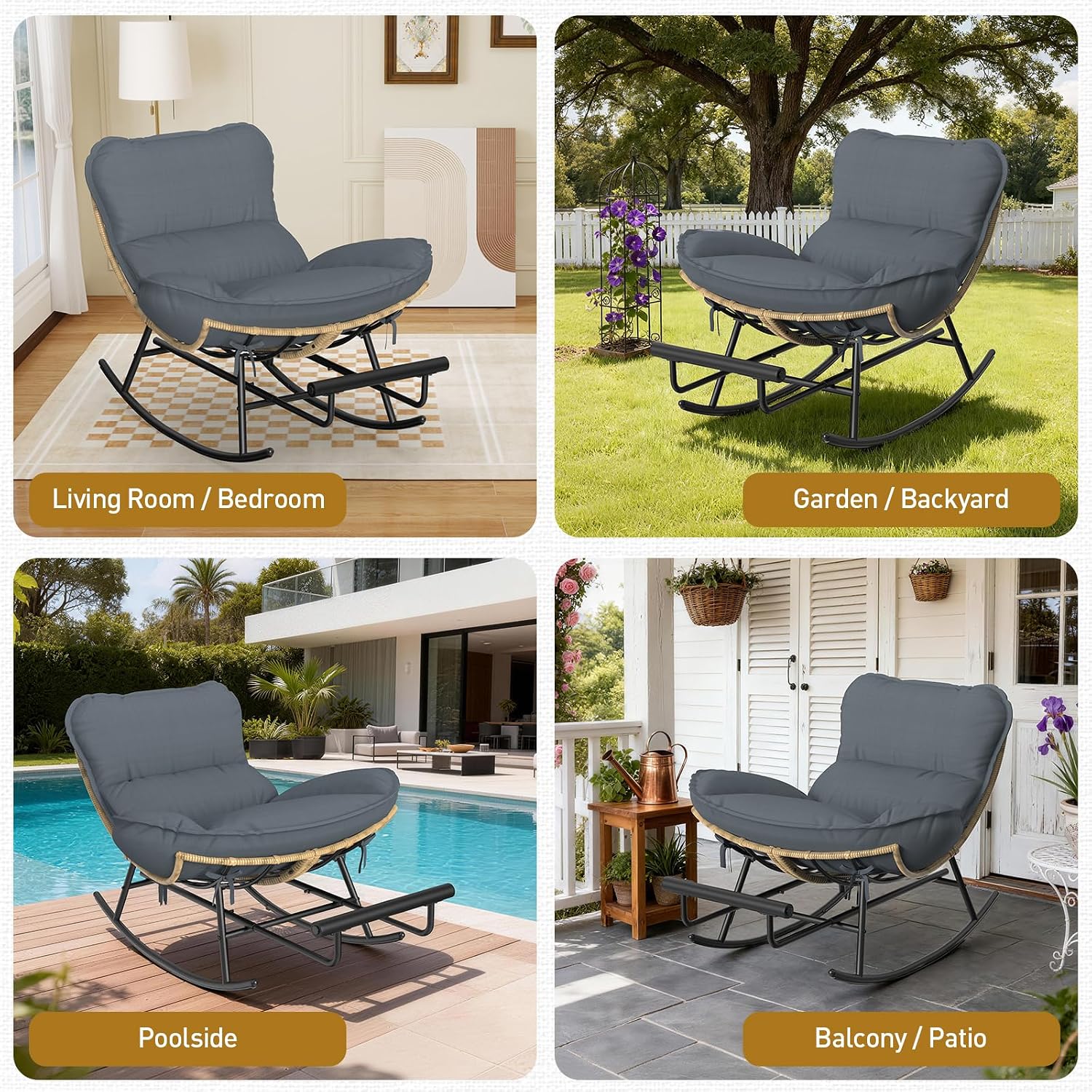 ZENPETIO Outdoor Rocking Chair - Oversized Metal Frame Papasan Rocking Chair with All Weather PE Wicker Rattan Rocker and Footrest for Patio, Balcony, Porch, Lawn and Living Room - Grey