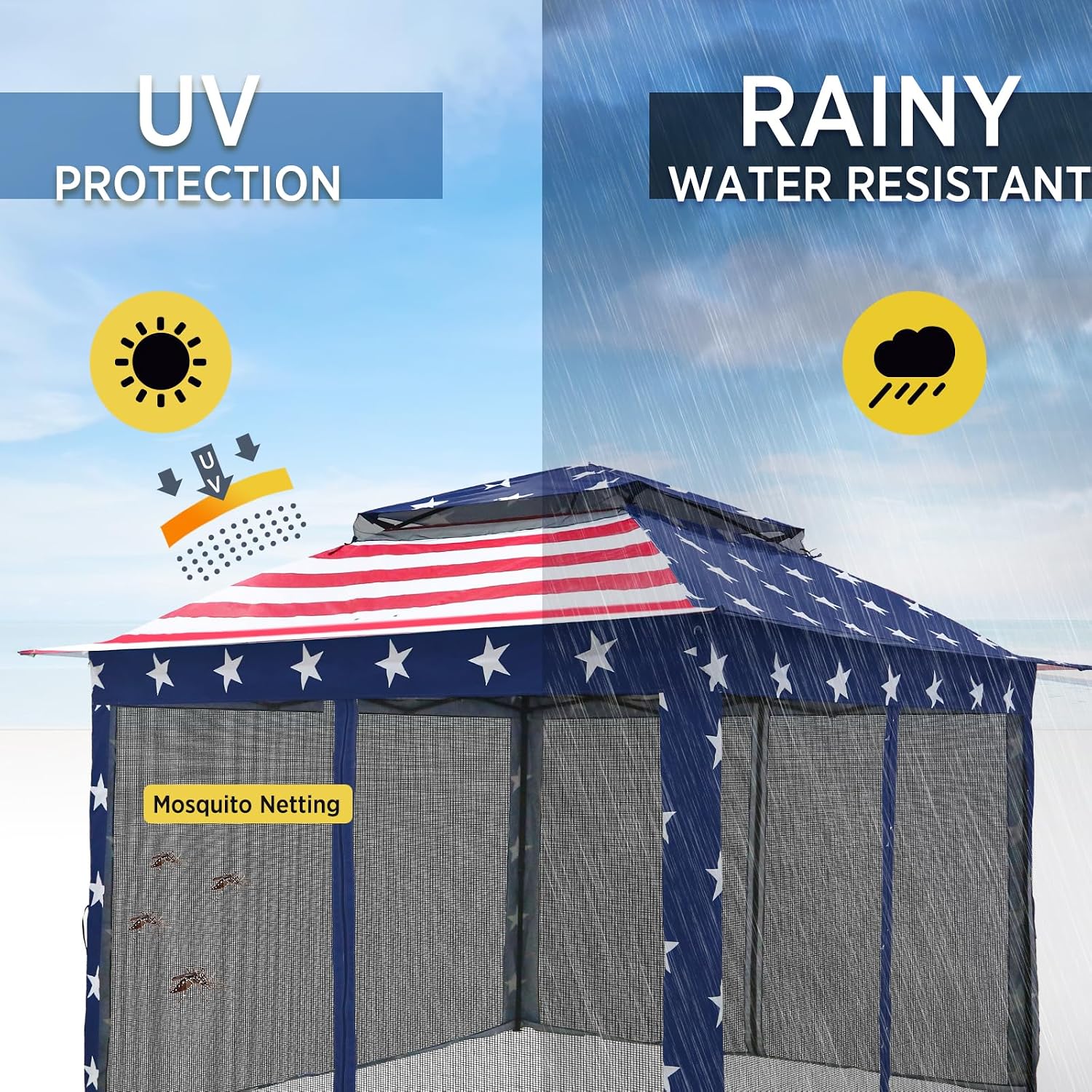 11x11 Pop Up Gazebo Tent with Mesh Netting, Instant Outdoor Canopy with UPF 50+ UV Protection, Water Resistant, American Flag