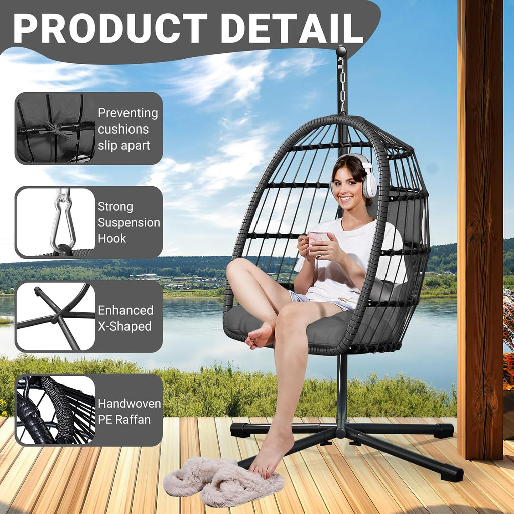 LEVELEVE Egg Chair with Stand,Patio Rattan Wicker Hanging Swing Egg Chair Hammock Chair for Bedroom Porch Garden,Thickened Aluminum Alloy Steel Frame and UV Resistant Cushion,350LBS Capacity(Grey)