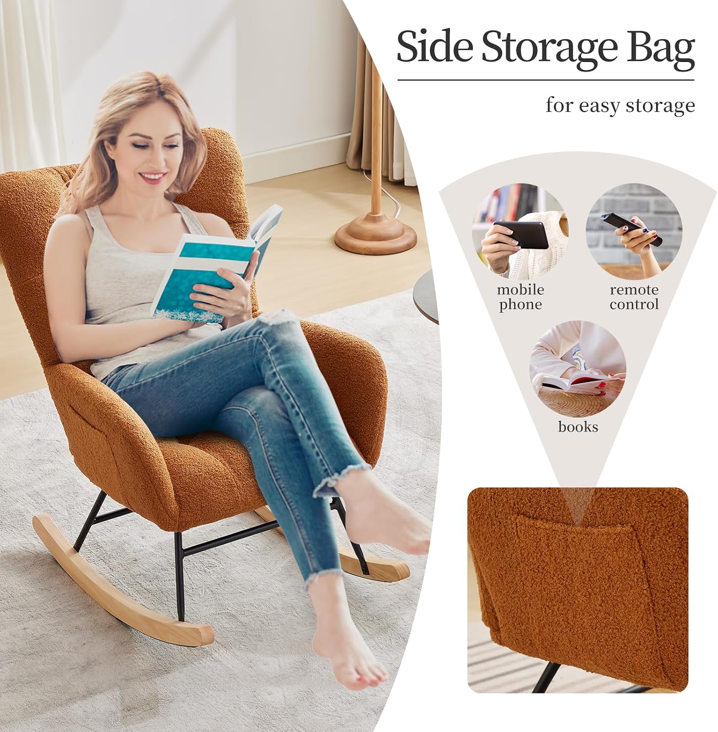 GarveeHome Rocking Chair Nursery, Teddy Upholstered Glider Chair with High Backrest, Armrest and Side Pockets, Modern Comfy Accent Armchair Reading Chair for Bedroom, Living Room