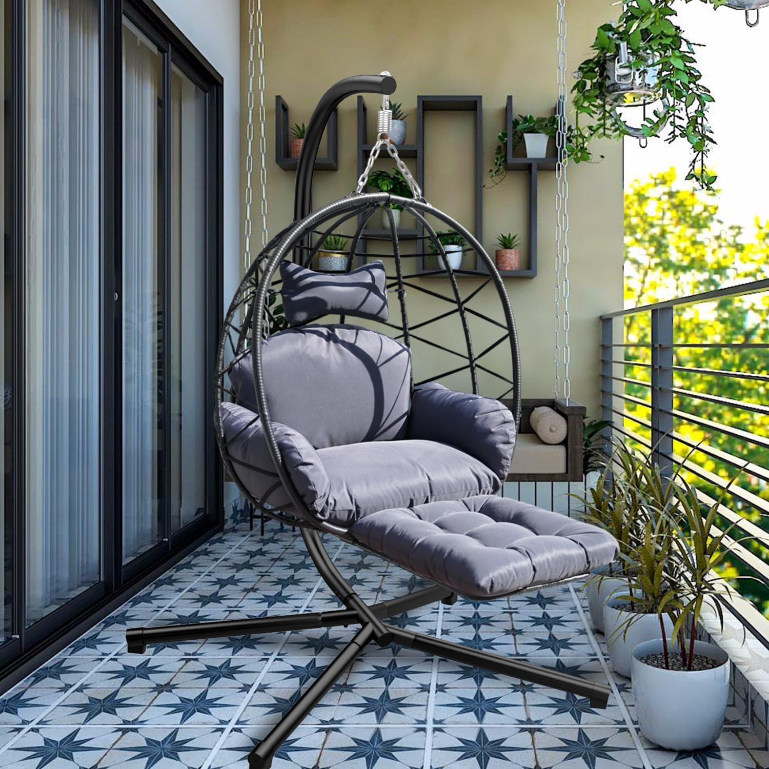 Indoor Outdoor Hanging Egg Chair with Stand & Leg Rest – Heavy-Duty Steel Frame, Handwoven Rattan Swing Chair for Patio, Garden, Bedroom – 350 lbs Capacity, Ergonomic Design (Navy)