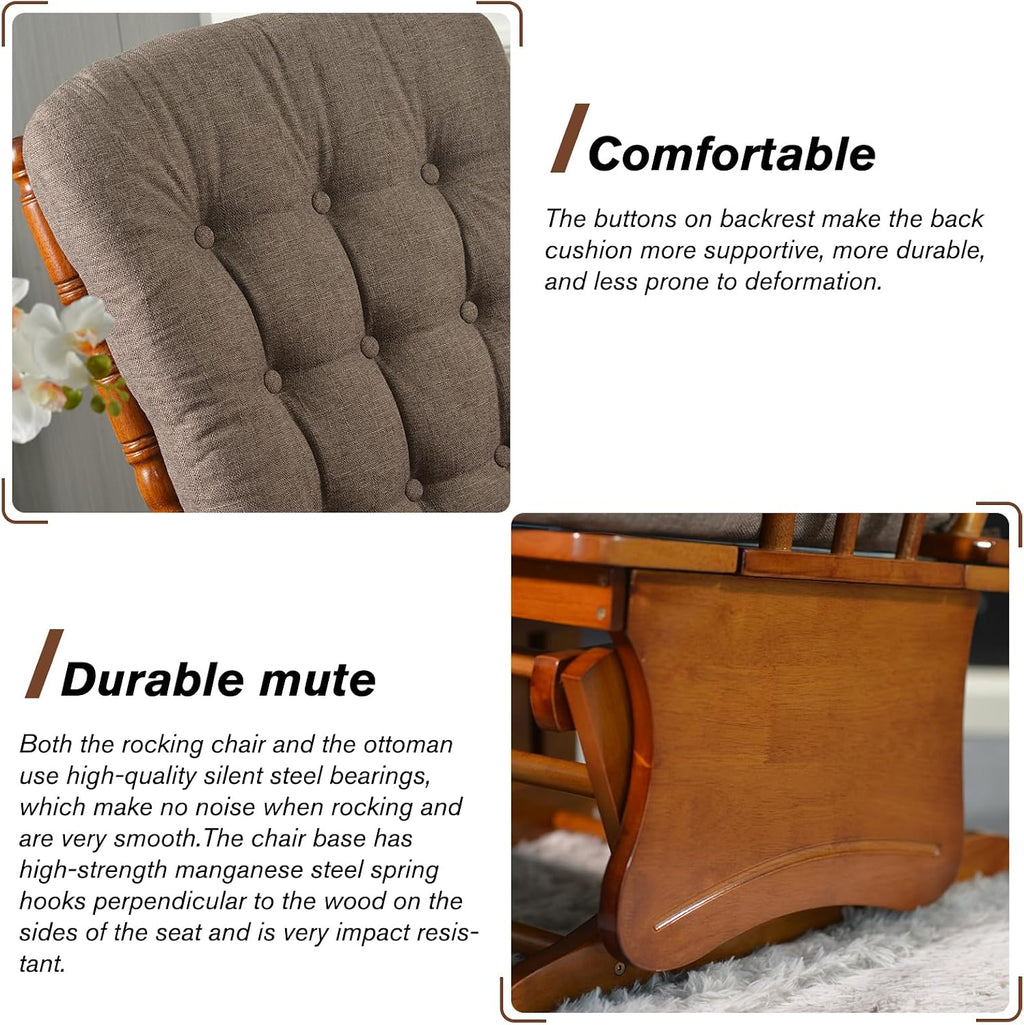 Anti-Pinch Solid Wood Hand Glider Rocking Chair Set with Ottoman, with Padded Cushion, Rustic Rubber Wood Nursery Glider for Nursing, Relaxing, Living Room, Bedroom, Oak Colored