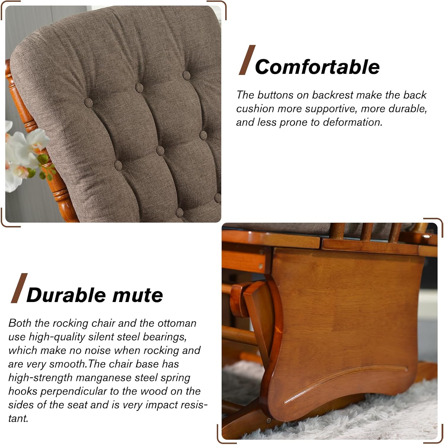 Anti-Pinch Solid Wood Hand Glider Rocking Chair Set with Ottoman, with Padded Cushion, Rustic Rubber Wood Nursery Glider for Nursing, Relaxing, Living Room, Bedroom, Oak Colored