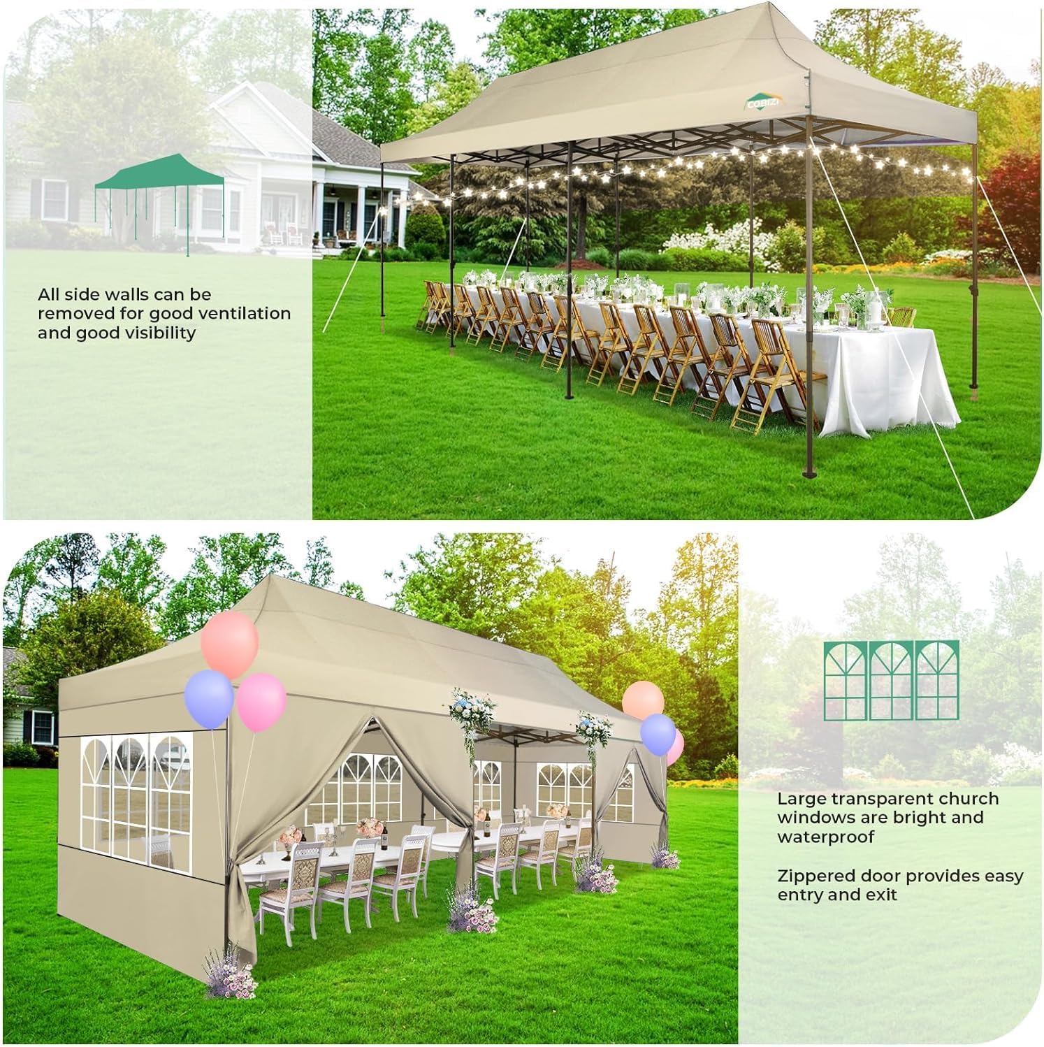 COBIZI Heavy Duty 10x30 Party Tent, Commercial 10x30 pop up Canopy for Parties Waterproof Gazebos with 8 Sidewalls, All Season Wind & Waterproof UPF50+,Stable Thickened Frame, Khaki