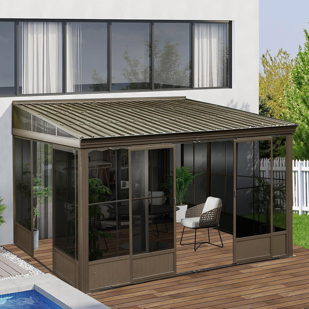 Domi Lean-to Sunroom 10x12FT, Wall Mounted Solarium with Galvanized Steel Sloping Roof, Moveable PVC Screen, Front Door&Side Sliding Door, Aluminum Gazebo Against Wall Sun Room for Patio Deck