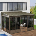 Domi Lean-to Sunroom 10x12FT, Wall Mounted Solarium with Galvanized Steel Sloping Roof, Moveable PVC Screen, Front Door&Side Sliding Door, Aluminum Gazebo Against Wall Sun Room for Patio Deck