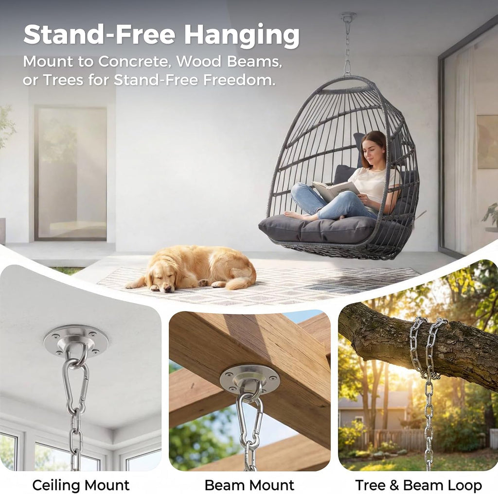 NICESOUL Egg Chair No Stand Outdoor Indoor, 350lbs Capacity Sturdy Patio Wicker Swing Hanging Chair, Hammock Egg Ceiling/Tree Chairs with Cushions for Bedroom Porch Deck Balcony, Gray Without Stand