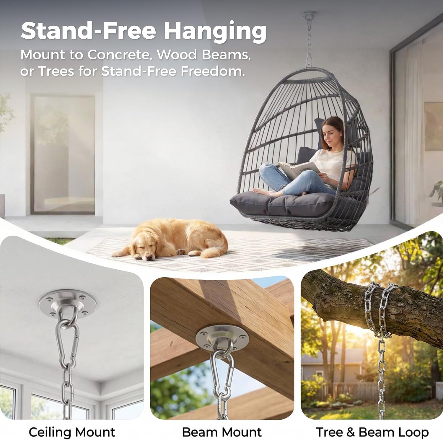 NICESOUL Egg Chair No Stand Outdoor Indoor, 350lbs Capacity Sturdy Patio Wicker Swing Hanging Chair, Hammock Egg Ceiling/Tree Chairs with Cushions for Bedroom Porch Deck Balcony, Gray Without Stand