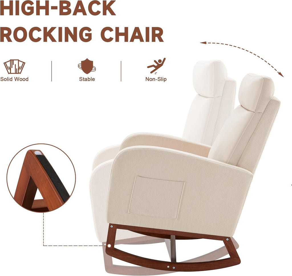 Rocking Chair with Foot Rest, Ergonomic Nursery Chair with High Back, Baby Glider Rocker, Nursing Chair Accent Living Room (Linen Beige)