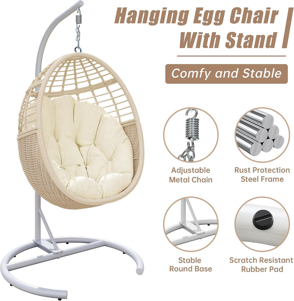 Hanging Egg Chair Swing Chair with Stand Wicker Rattan for Indoor Outdoor Patio Bedroom Hammock with Steel Frame and Cushion, 300 lbs Capacity, Beige