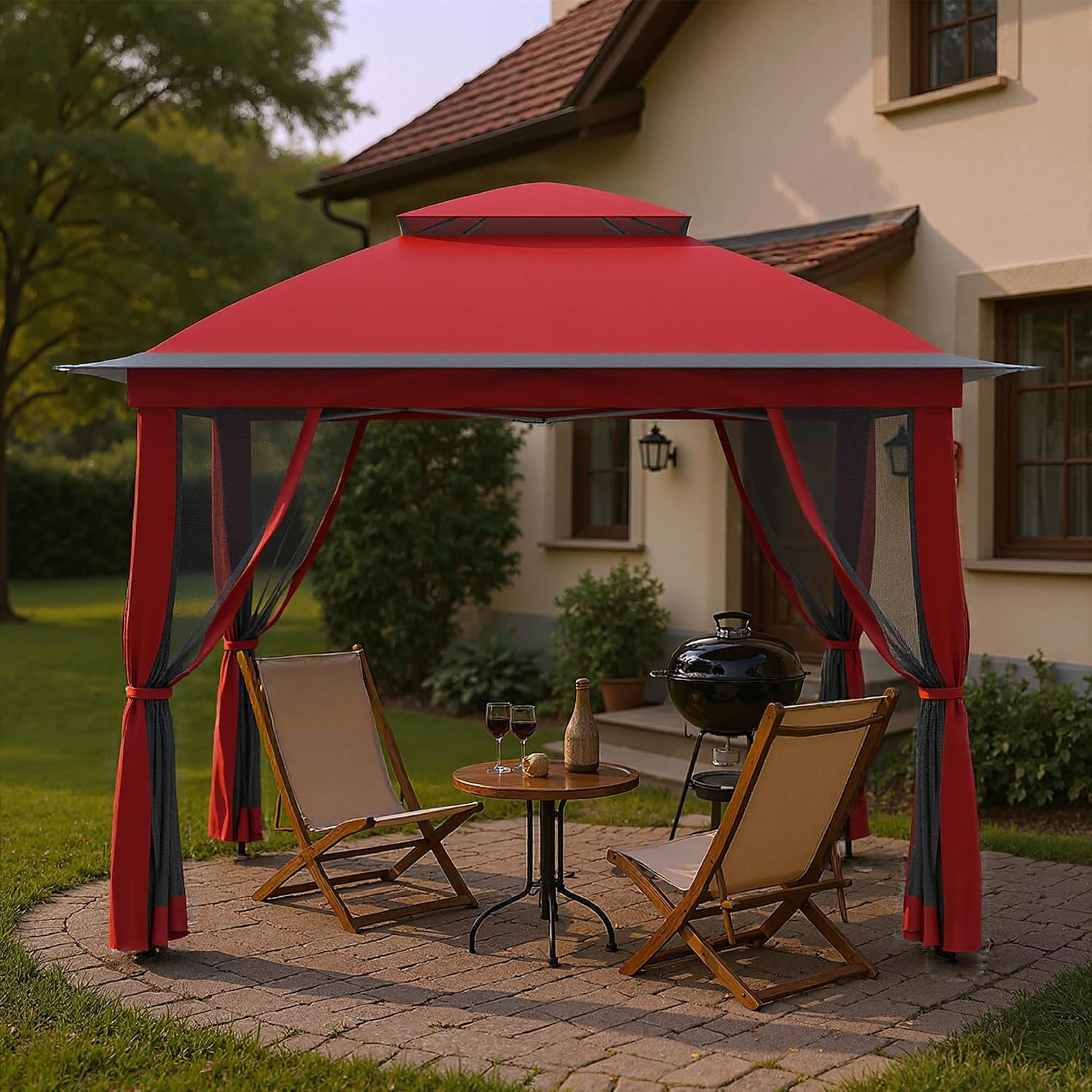 Pop Up Gazebo 11x11, Outdoor Instant Canopy Shelter Tent with Mosquito Netting Metal Frame Storage Bag for Patio Garden Backyard.(Red)