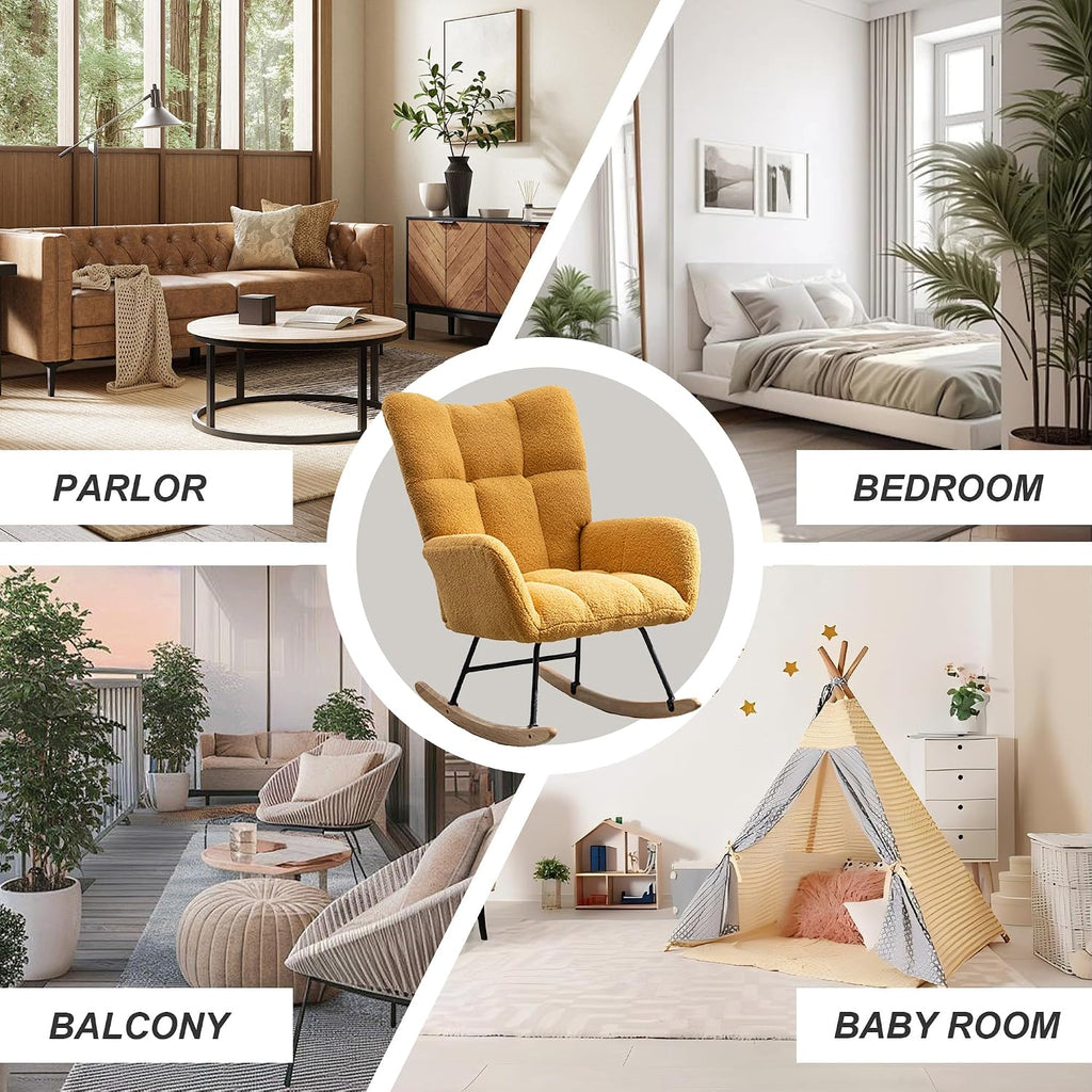 Nursery Rocking Chair Teddy Upholstered Glider Rocker Rocking Accent Chair with High Backrest Armchair Comfy Side Chair for Living Room, Bedroom, Offices (Turmeric)