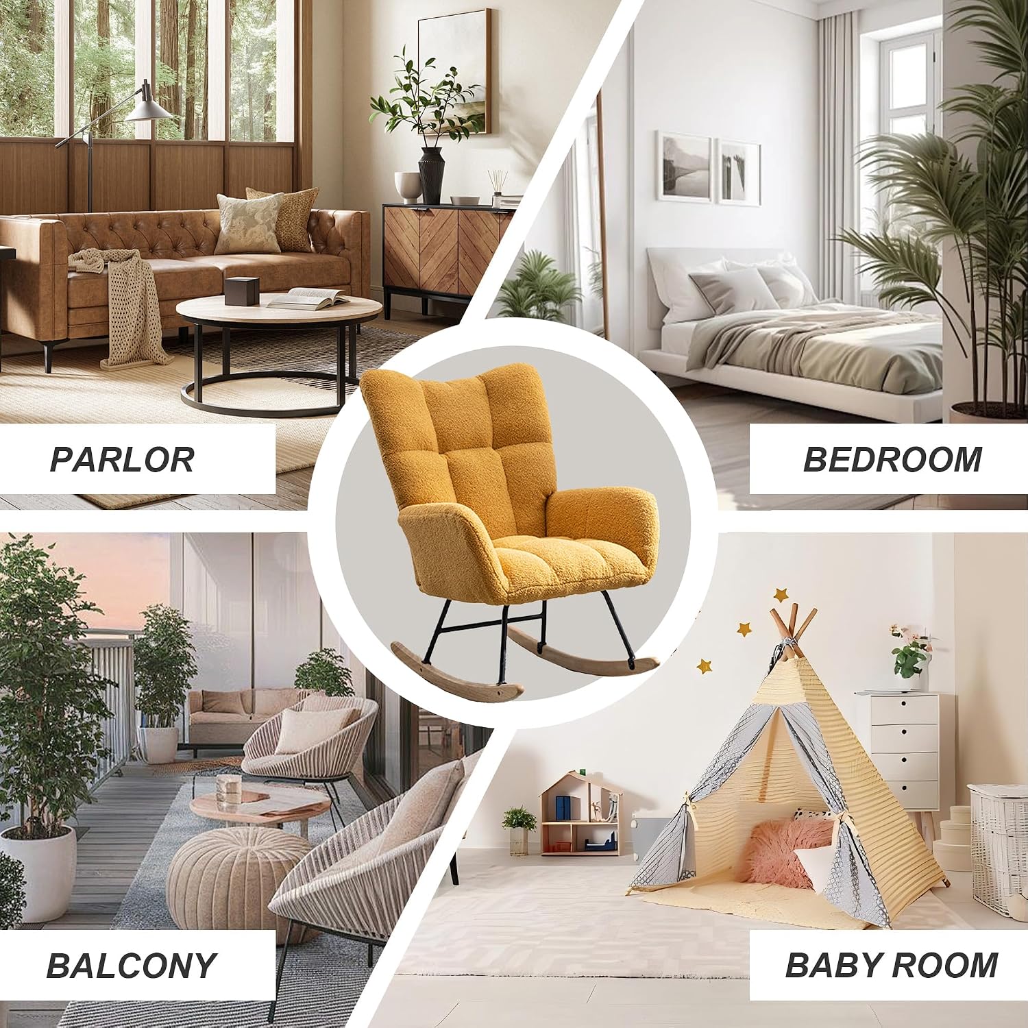 Nursery Rocking Chair Teddy Upholstered Glider Rocker Rocking Accent Chair with High Backrest Armchair Comfy Side Chair for Living Room, Bedroom, Offices (Turmeric)