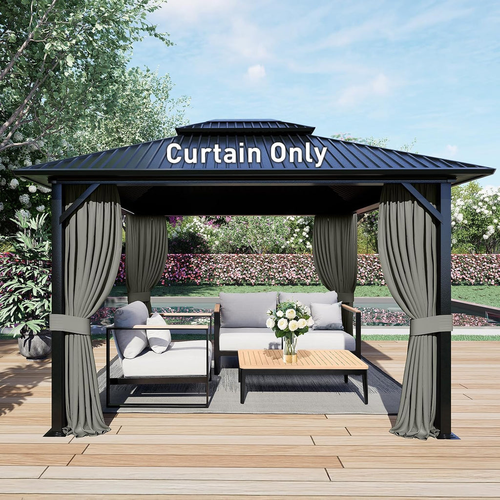 Aoodor 12x14 ft Outdoor Gazebo Curtains, 4 Panels Waterproof Privacy Sidewall Replacement with Zipper for Patio Pergola and Canopy, Gray