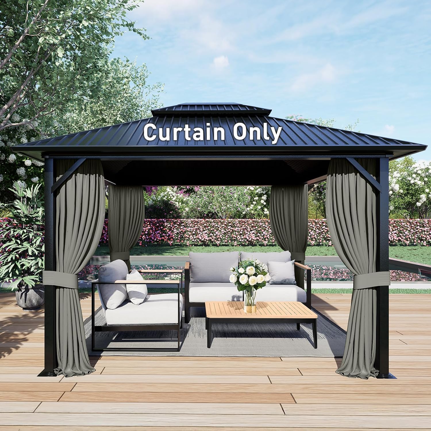 Aoodor 12x14 ft Outdoor Gazebo Curtains, 4 Panels Waterproof Privacy Sidewall Replacement with Zipper for Patio Pergola and Canopy, Gray