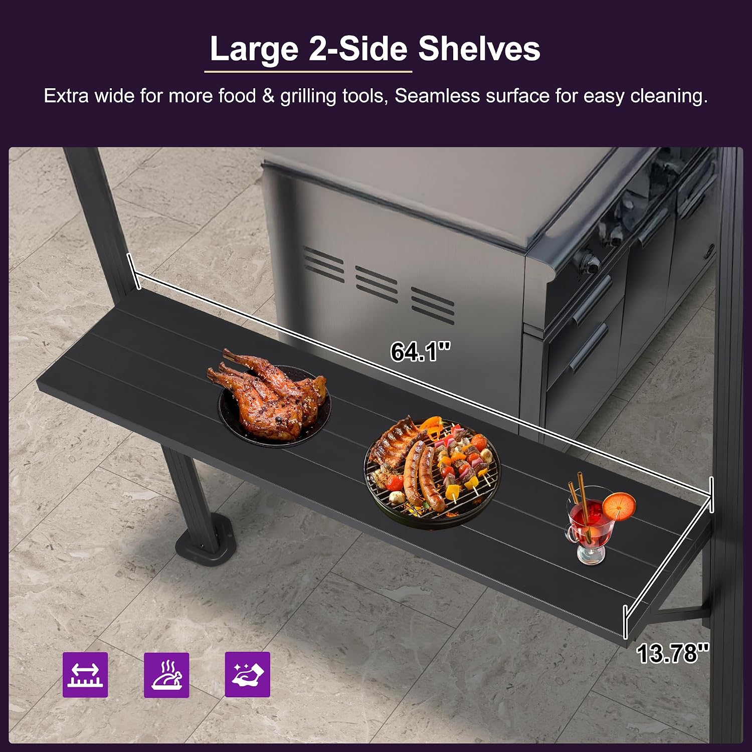 PURPLE LEAF 6.5' X 12' Hardtop Grill Gazebo for Patio Permanent Aluminum Barbeque Shelter with Ceiling Hook and Shelves Double Tiered Grey Outdoor BBQ Gazebo