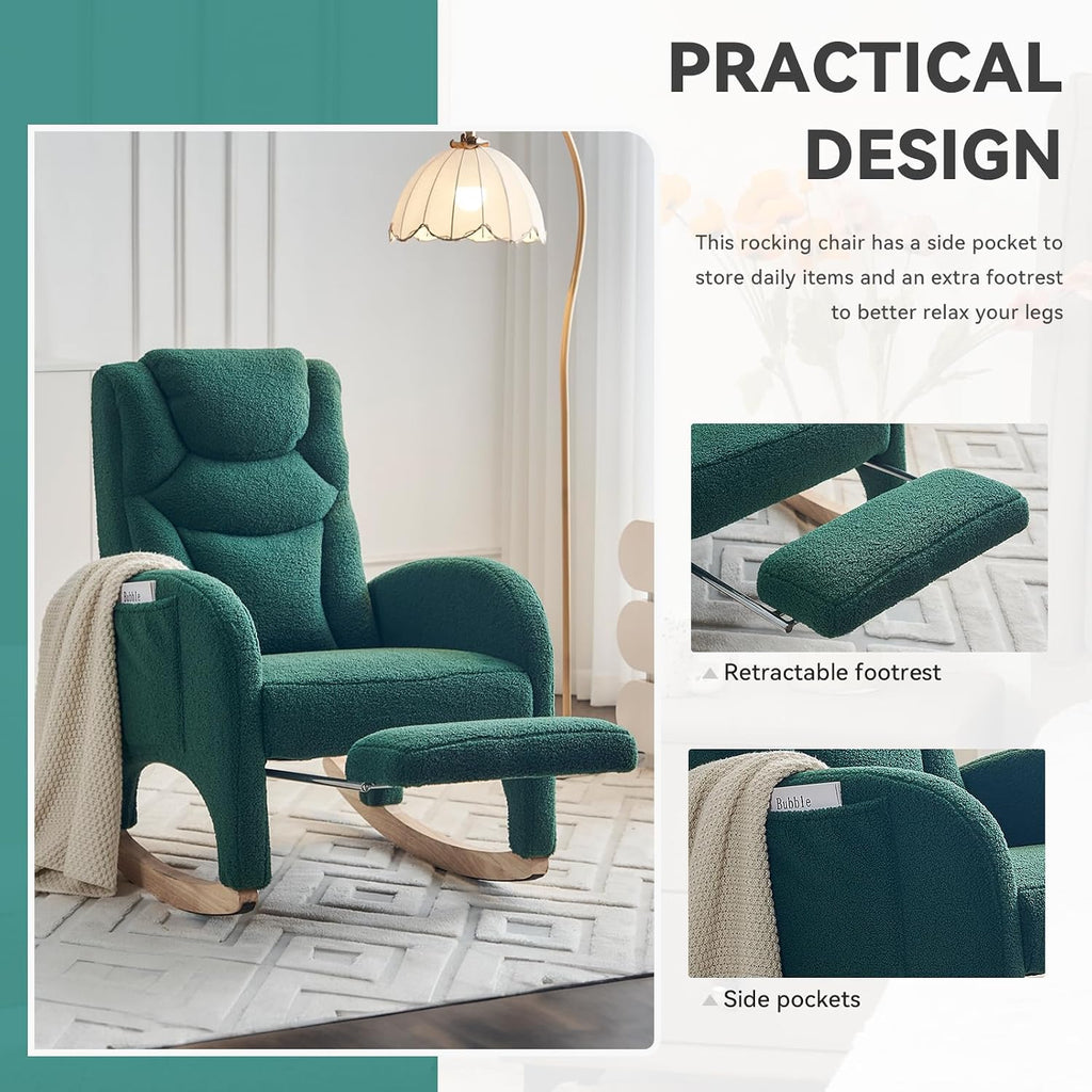 FOXHUNTER Rocking Chair Nursery, Modern Glider Chair with Adjustable Footrest and Solid Wood Legs, High Backrest Nursery Chair with Side Pocket, Rocker Armchair for Living Room Bedroom, Teddy Green