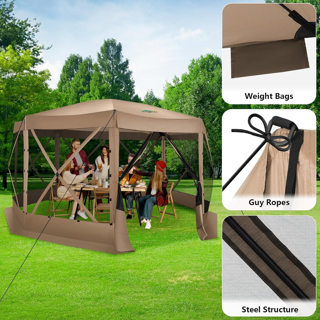 COBIZI Pop Up Gazebo Screen Tent Screen House for Camping, 15x15 Screen Room with Mosquito Netting, Hub Tent Instant Screened Canopy with Carrying Bag and Ground Stakes, Khaki