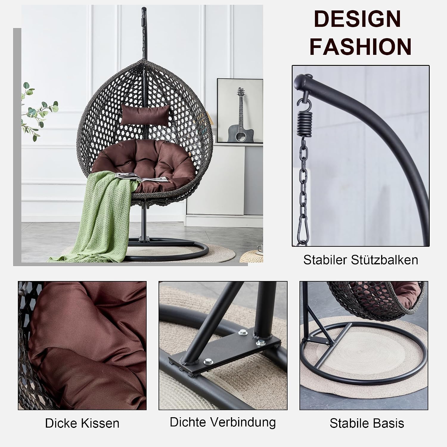 Egg Swing Chair Outdoor with Stand, Indoor Hanging Egg Chair, Rattan Basket Chair with Cushion and Pillow, Foldable Basket and Metal Stand for Backyard Sunroom Patio Balcony (Black)