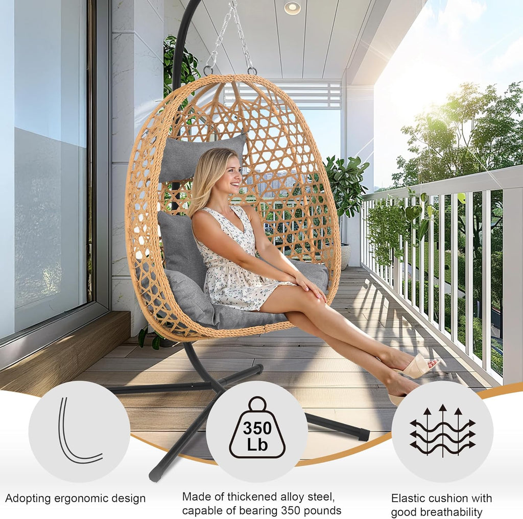Hanging Egg Chair with Stand & Cushions - All-Weather Rattan Swing Chair for Patio, Balcony, Garden (Modern Boho Design, Ready-to-Use Indoor Outdoor)-Grey