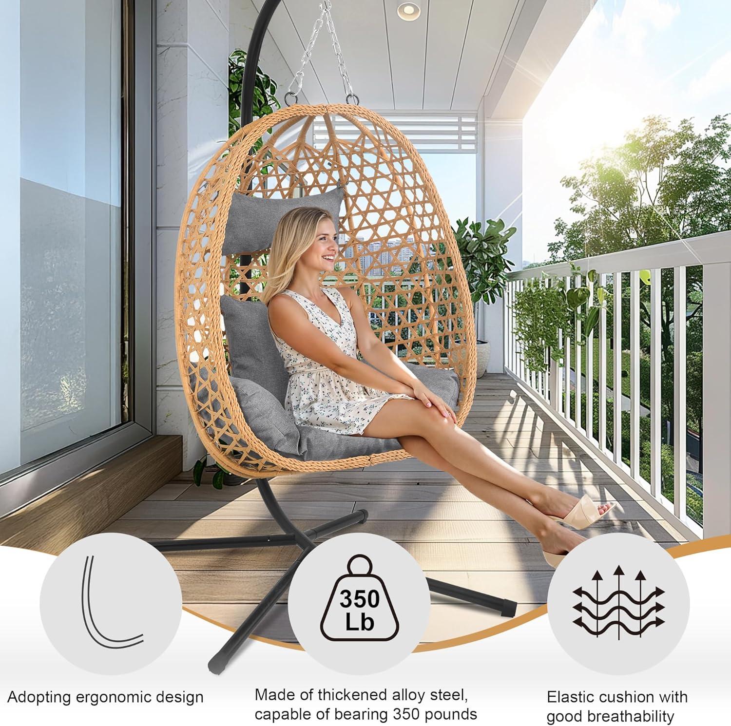 Hanging Egg Chair with Stand & Cushions - All-Weather Rattan Swing Chair for Patio, Balcony, Garden (Modern Boho Design, Ready-to-Use Indoor Outdoor)-Grey