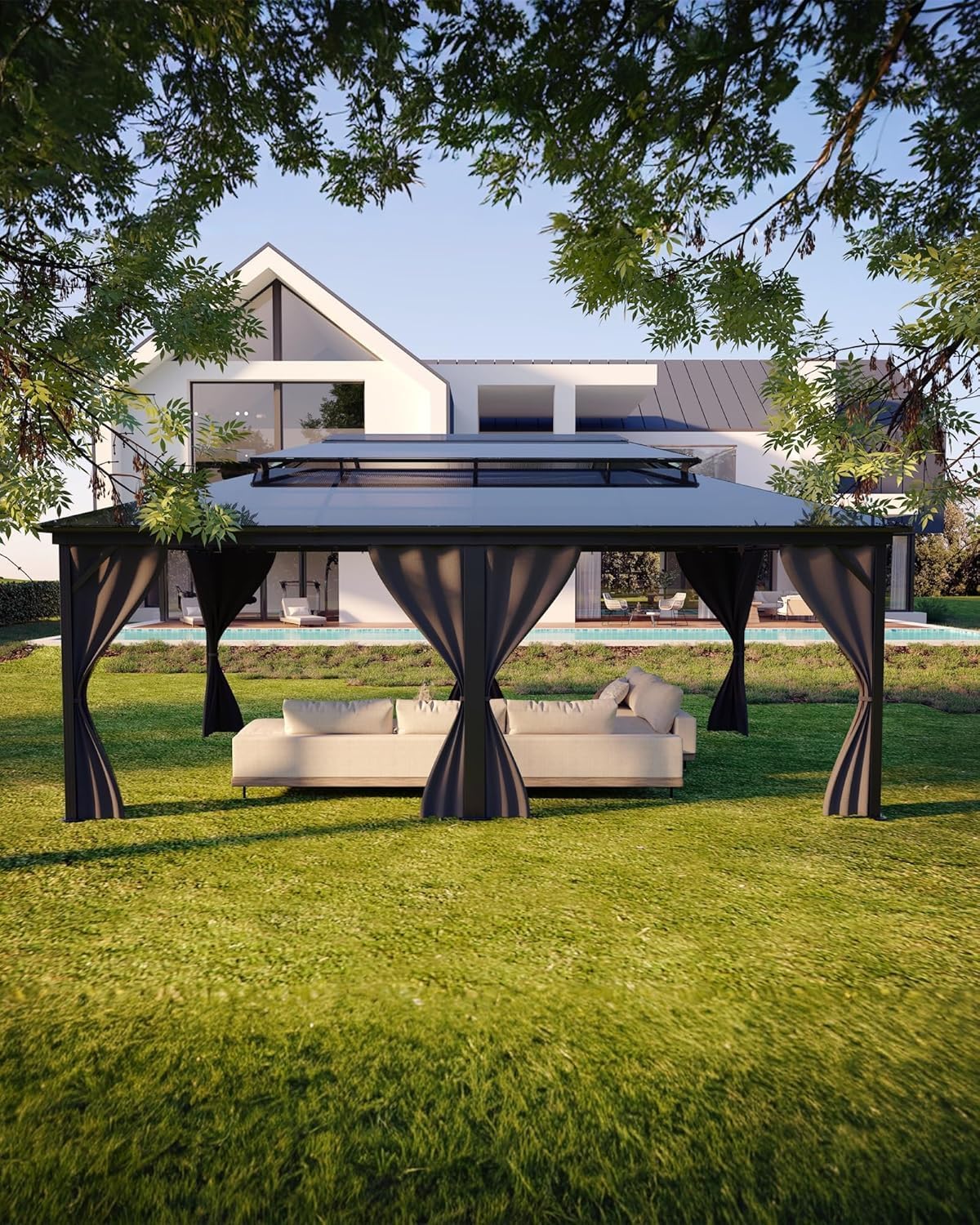 GAOMON Hardtop Gazebo 12'x20', with Double Polycarbonate Roof, Aluminum Alloy Frame, Net, and Curtain, Permanent Building of Backyard Luxury, for Patio, Deck, Backyard, Lawn, and Garden, Gray