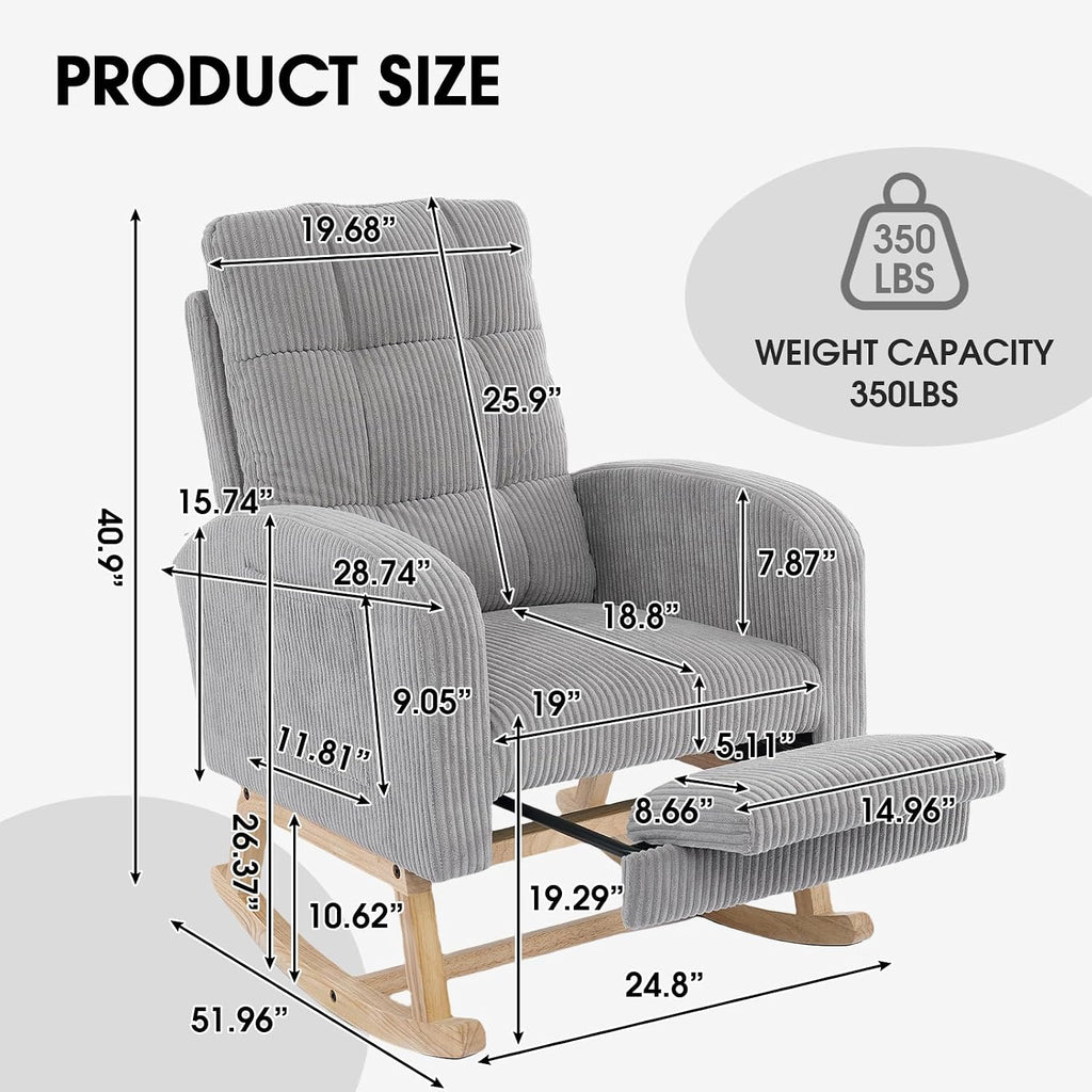 NIOIIKIT Nursery Rocking Chair, Corduroy Upholstered Rocking Chair with Adjustable Footrest, Tufted Rocker Chair with Side Pocket, Glider Rocker for Living Room, Bedroom (Gray Retro)