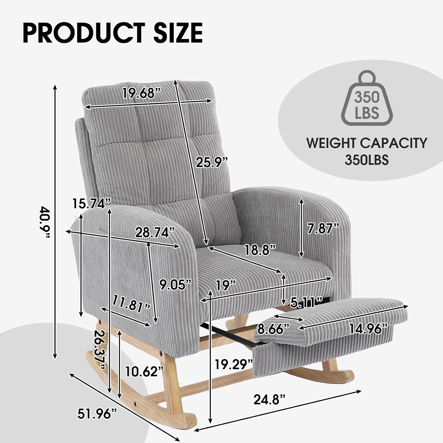 NIOIIKIT Nursery Rocking Chair, Corduroy Upholstered Rocking Chair with Adjustable Footrest, Tufted Rocker Chair with Side Pocket, Glider Rocker for Living Room, Bedroom (Gray Retro)