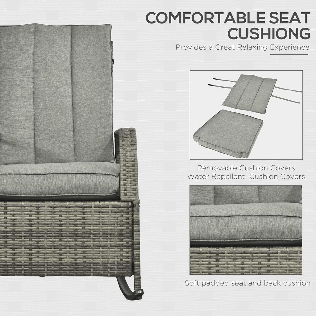 Outsunny Wicker Outdoor Rocking Chair, Patio Recliner with Adjustment Backrest, PE Rattan Lounge Chair with Adjustable Footrest and Cushions for Garden, Backyard, Porch, Gray