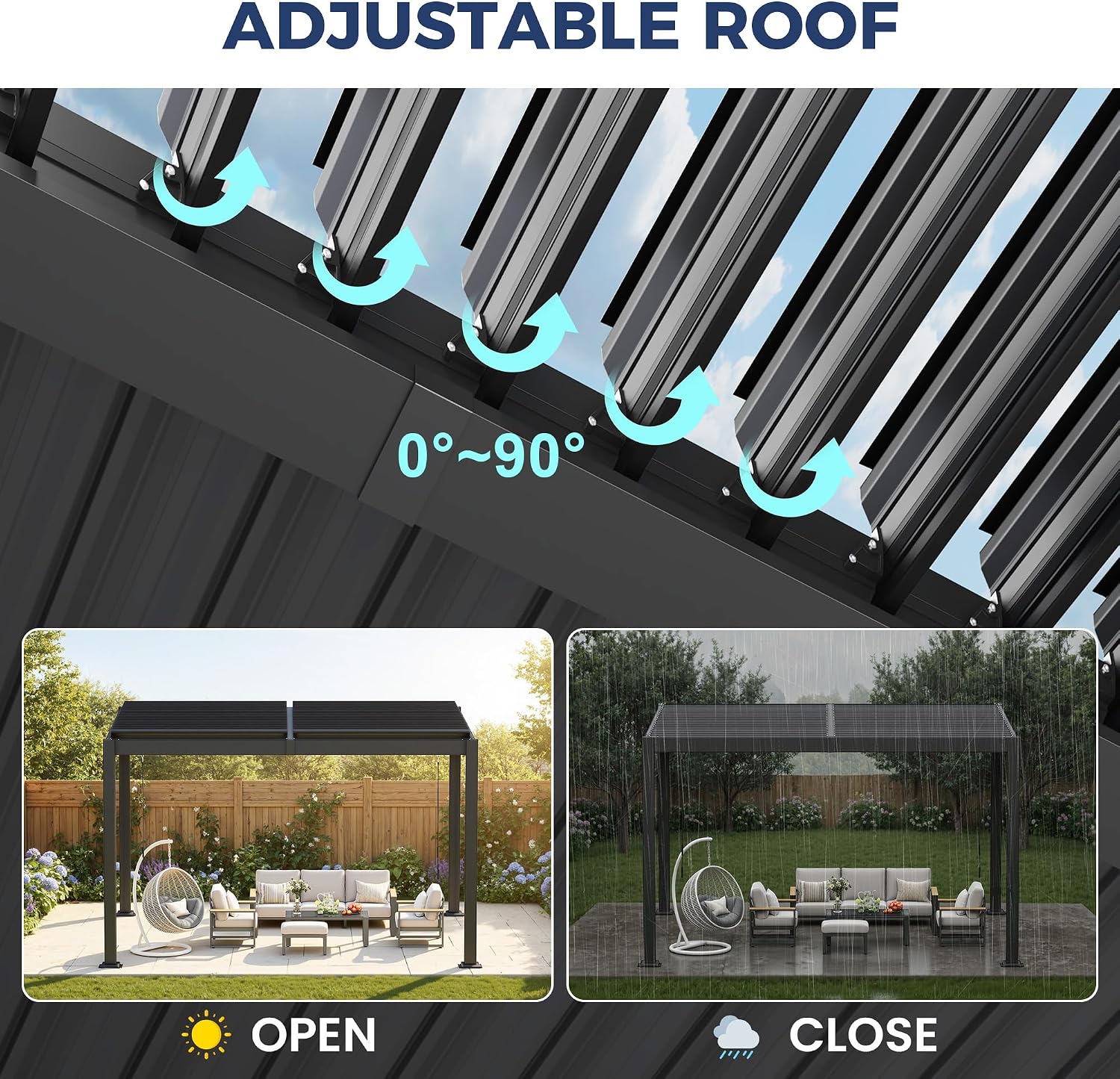Louvered Pergola 10'x12', Full Metal Outdoor Pergola with Adjustable Proof and Gutter System, Metal Hardtop Gazebo for Patio, Deck, Garden, Yard, Dark Gray