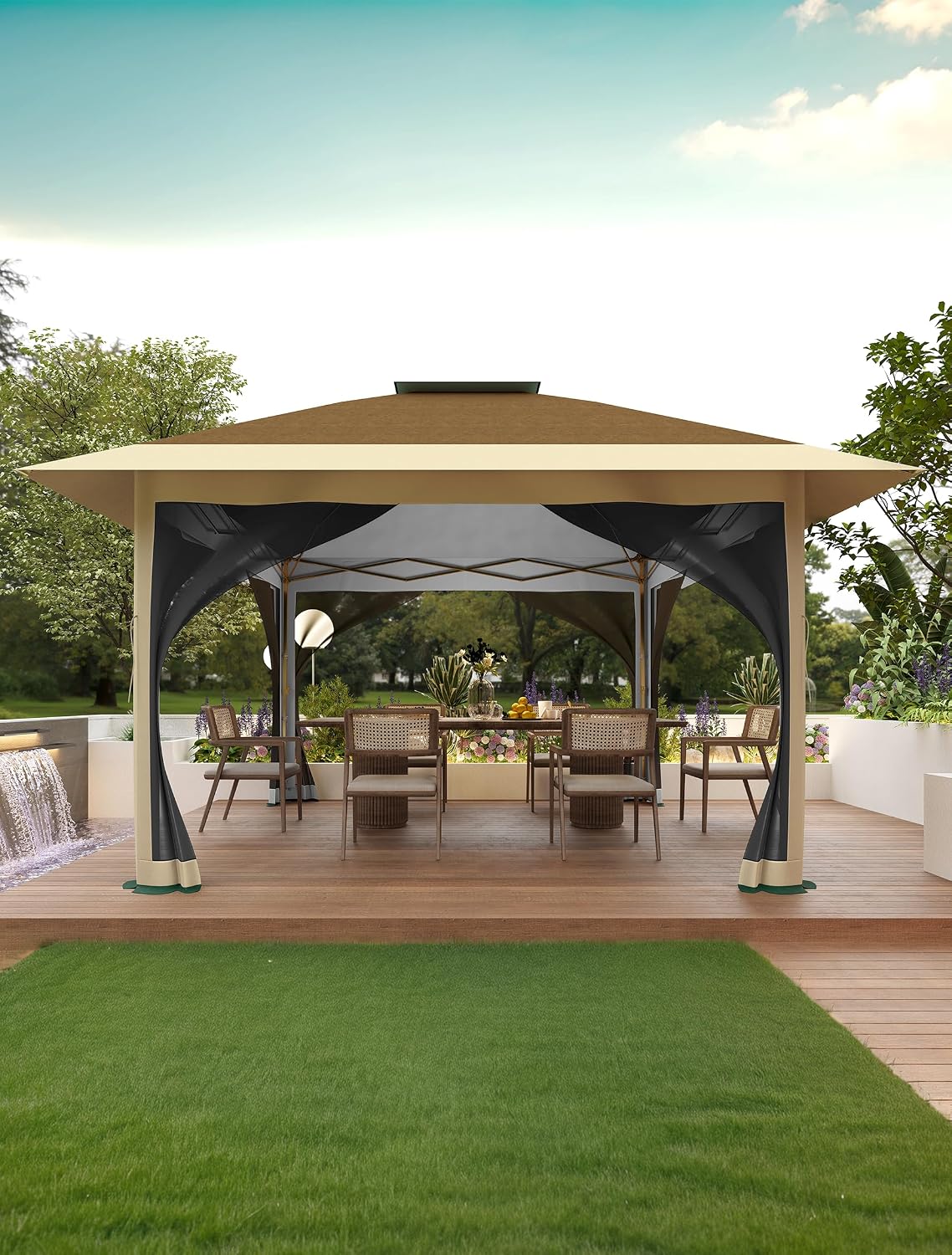 KYBOLT 12x12 Pop Up Gazebo Instant Canopy Tent with Netting 4 Stanbags Outdoor Shelter for Lawn, Garden, Backyard, Deck (Khaki + Dark Khaki)