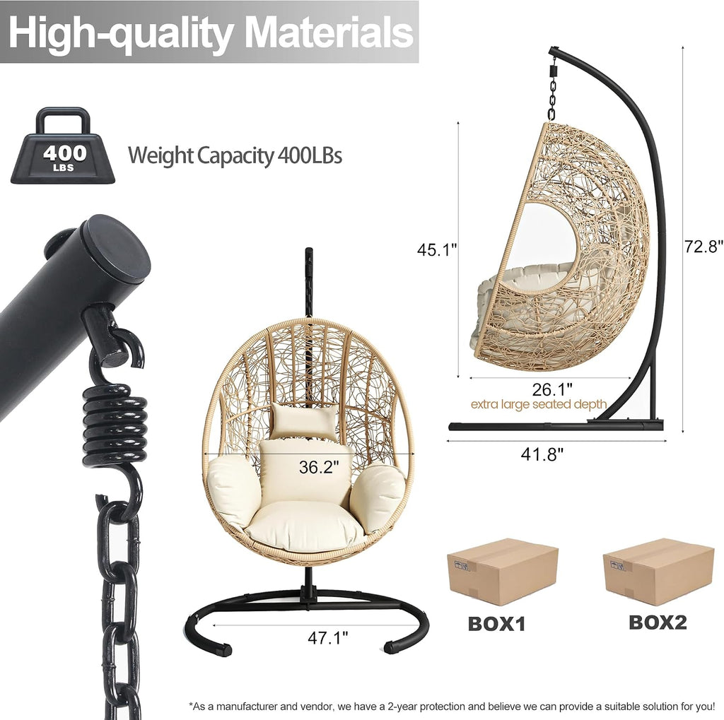 Hanging Egg Chair with Stand - Egg Swing Chair Outdoor Indoor Patio Wicker Chair Swing Hammock Egg Chairs 400lbs Capacity for Outside Patio, Bedroom, Garden and Balcony（Beige-Nest, 1PC）