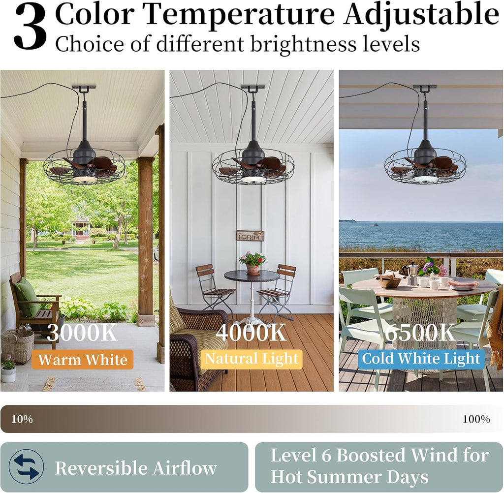 Gazabo Fan Outdoor Ceiling Fans for patios 21'' Outdoor Hanging Fan for Gazebo, Plug in Caged Lighting for Pergola Canopy,Hanging with Hook, Remote with 3 Color LED Gazabo Lights, IP44 Waterproof