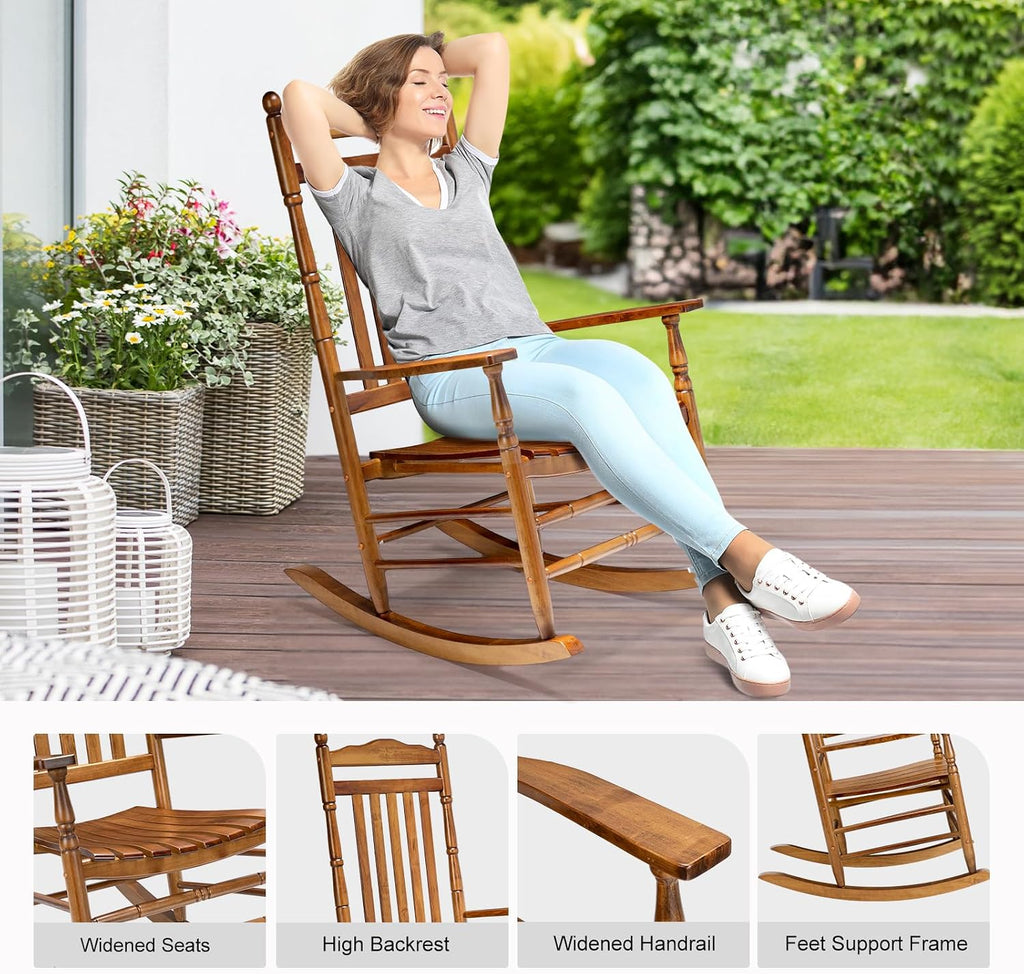 VINGLI Wooden Rocking Chair Outdoor Set of 2, Patio Rockers with High Back, Support 450 LBS Rocking Chairs, for Porch, Patio, Balcony, Garden, Yard (Oak, 2 PCS)