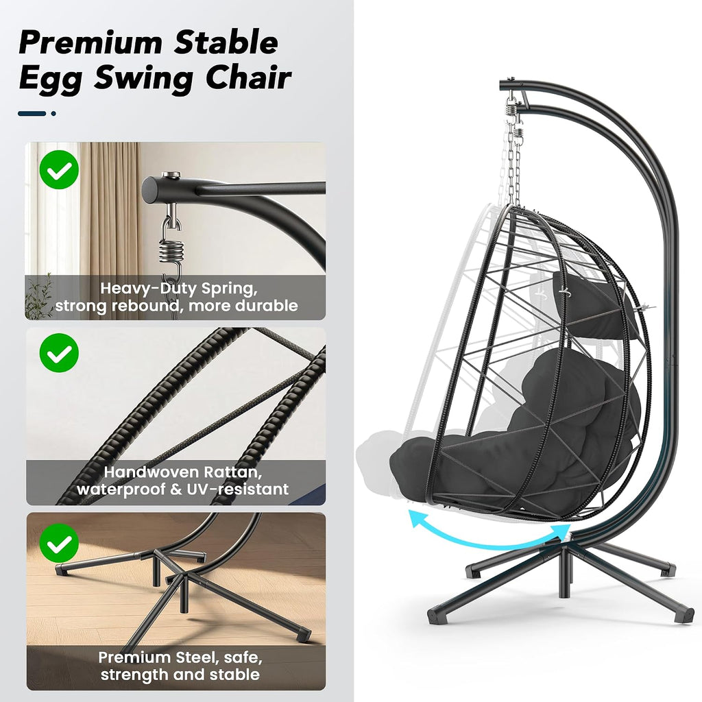 Easyego 2-Person Wicker Hanging Egg Chair with Stand- 700 lb Capacity, Indoor/Outdoor Double Egg Swing Hammock Chair for Patio, Garden, Porch, Living Room, Bedroom-Dark Grey