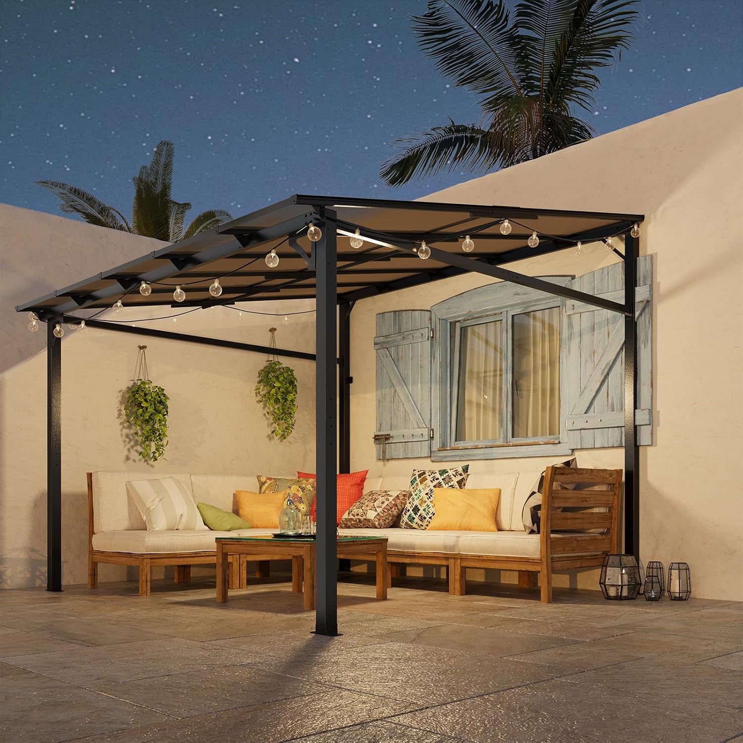 10'x 10'Wall Mounted Gazebo, Hardtop Lean-to Pergola with Polycarbonate Roof, Heavy Duty Outdoor Patio Awnings for Deck, Porch, Backyard, Garden, Weather Resistant, Brown