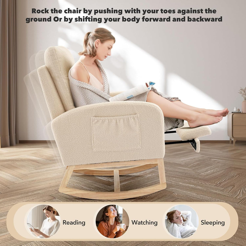 Rocking Chair Nursery, Modern Upholstered Glider Rocker with Side Pocket, High Backrest Padded Seat Accent Armchair for Living Room, Nursery, Bedroom (Off-White)