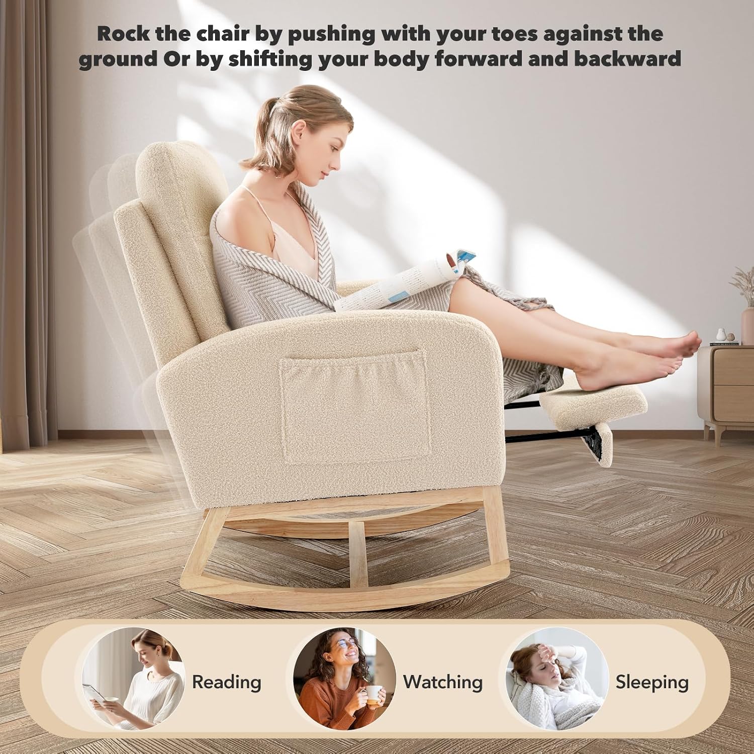 Rocking Chair Nursery, Modern Upholstered Glider Rocker with Side Pocket, High Backrest Padded Seat Accent Armchair for Living Room, Nursery, Bedroom (Off-White)