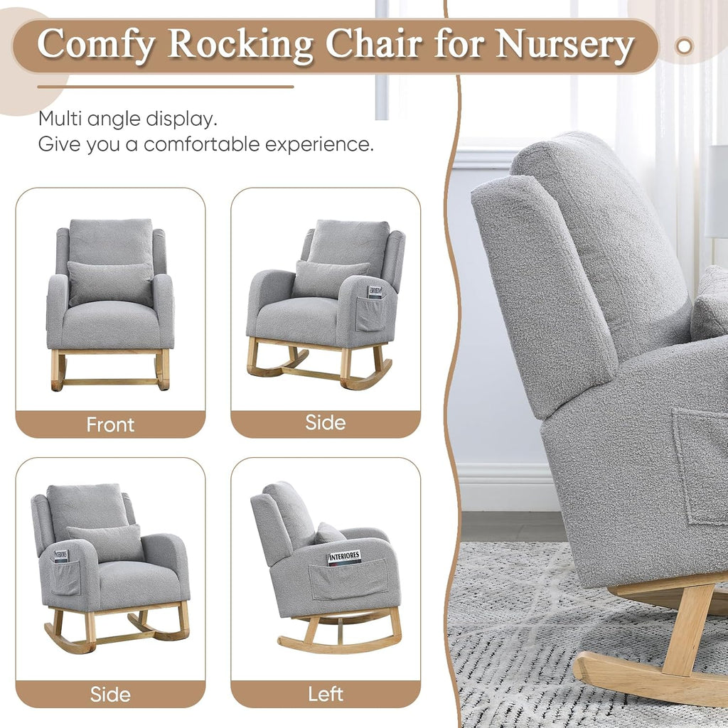 Rocking Glider Chair for Nursery, Wingback Accent Rocker Chair Upholstered Tall Back Arm Chair w/Side Pockets, Modern Leisure Single Sofa for Living Room, Hotel, Bedroom, Baby Room, Grey
