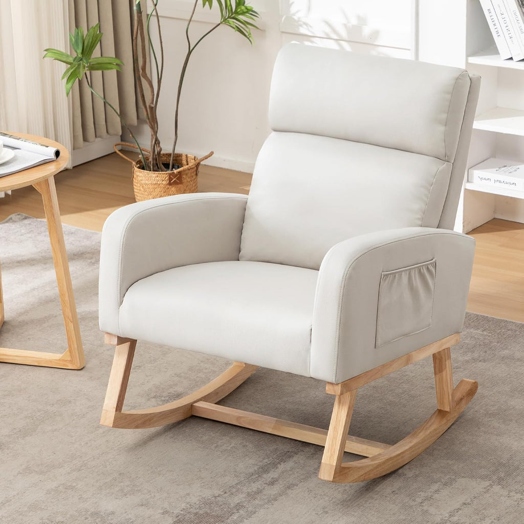 Rocking Chair Nursery, Uplostered Leather Rocker Nursing Chairs with Wood Legs and Side Pocket, Comfortable Glider Roking Chair for Nursery, Living Room, Bedroom, Leather Beige