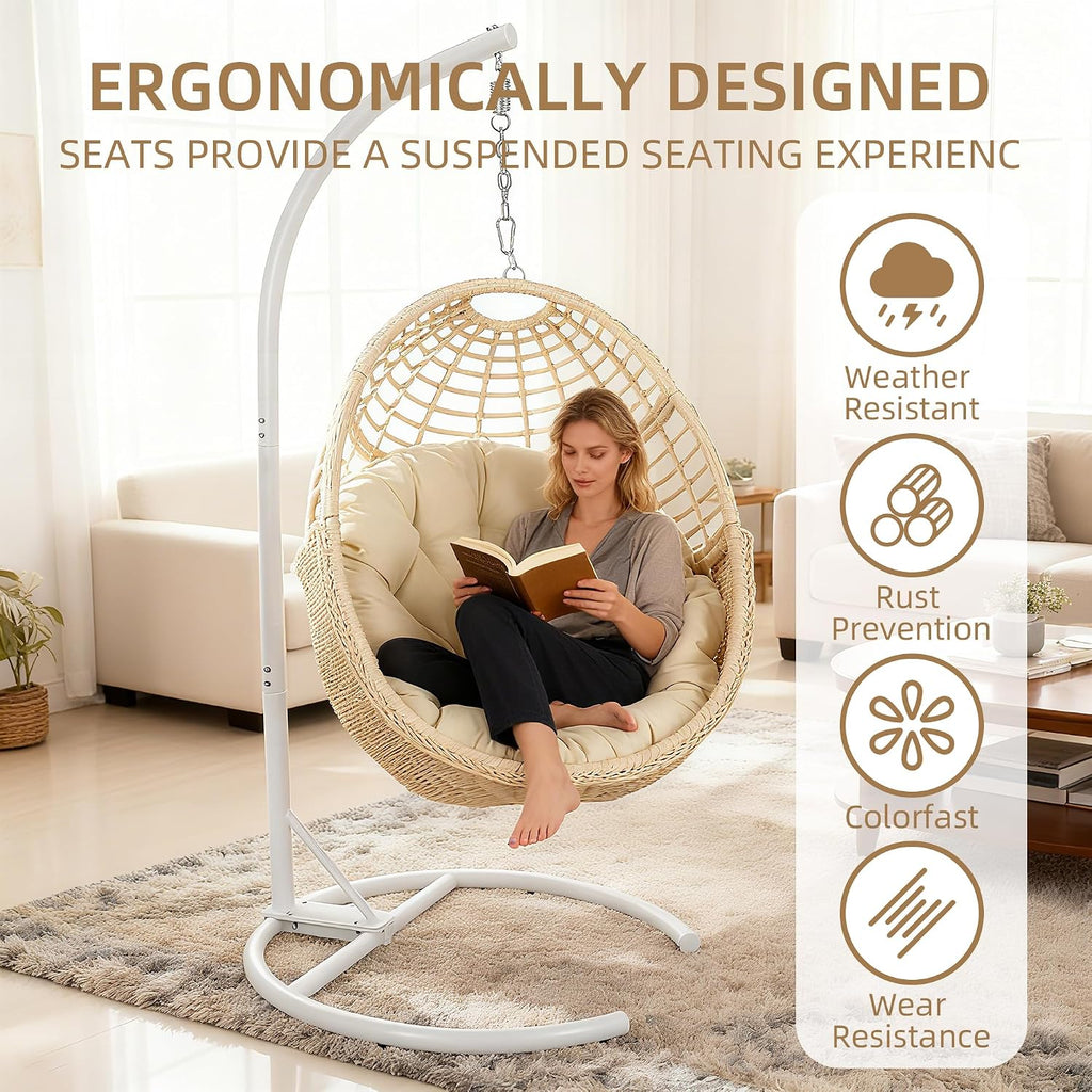 TWT Egg Swing Chair with Stand Hanging Egg Chair Outdoor - Rattan Wicker Patio Hanging Basket Chair Hammock Chair with Metal Frame and UV Resistant Cushion for Indoor Bedroom Balcony (Beige)